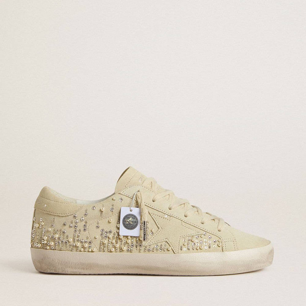 Golden Goose Super-Star Sneakers In Beige Suede With Pearls And Swarovski Crystals