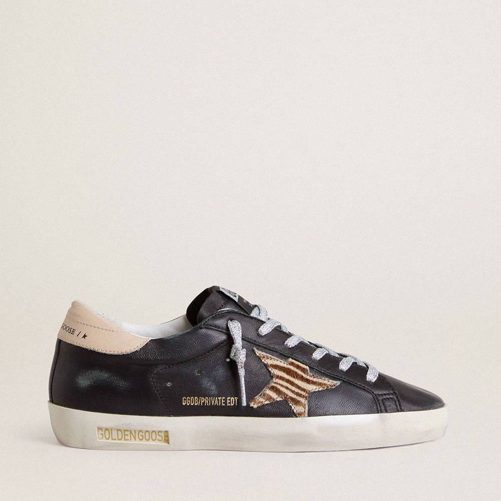 Golden Goose Super-Star Sneakers In Black Nappa Leather With Zebra-print Pony Skin Star And Beige Leather Heel Tab