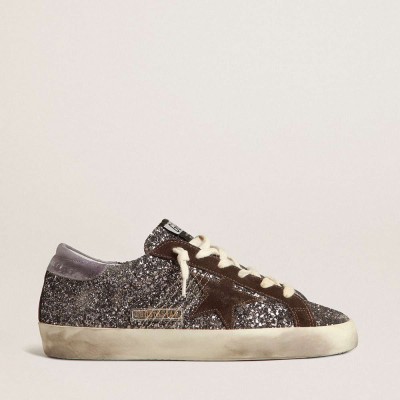 Golden Goose Super-Star Sneakers In Glitter With A Brown Star And Lilac Heel Tab