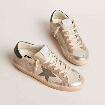Golden Goose Super-Star Sneakers In Gray Canvas With A Green Leather Star And Heel Tab