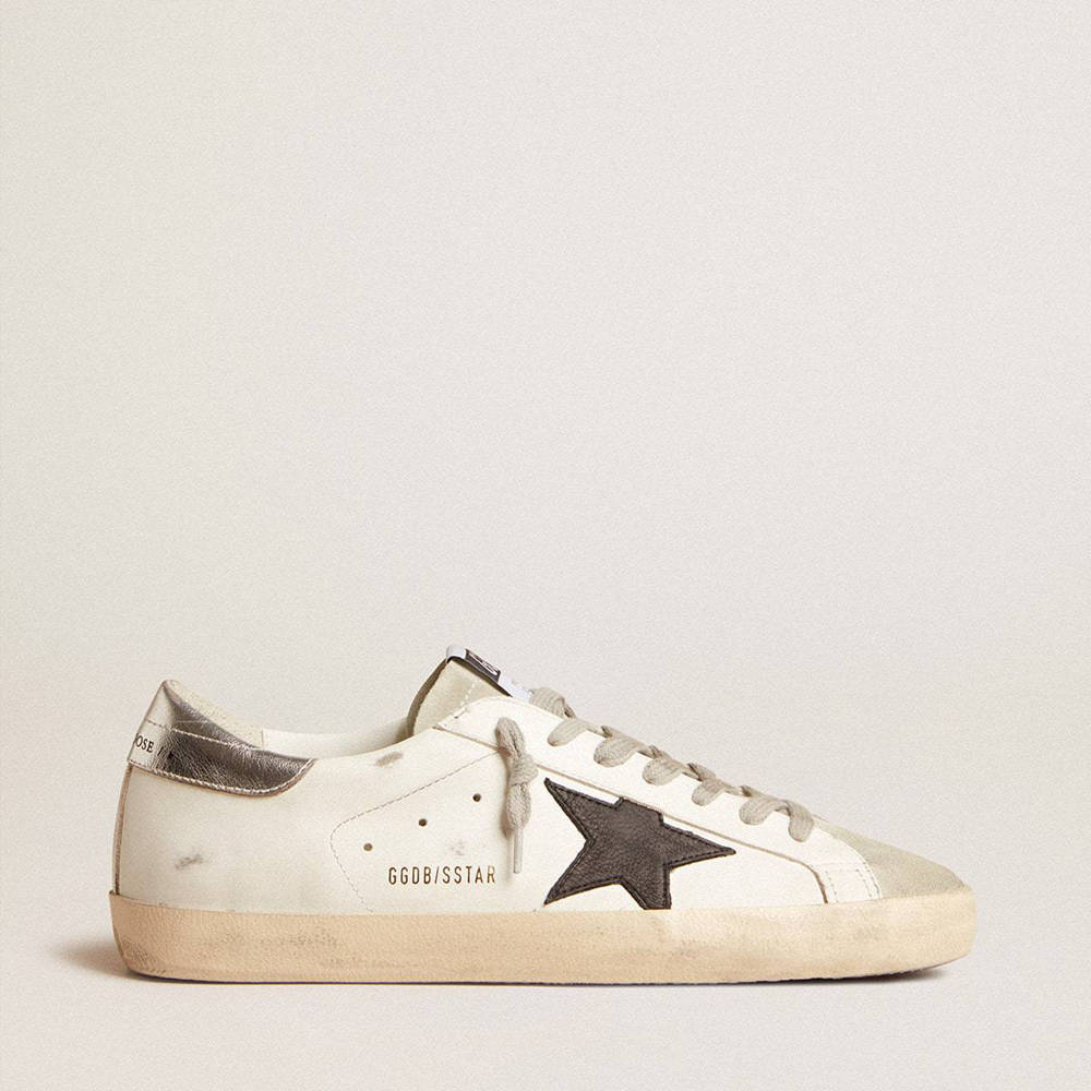 Golden Goose Super-Star Sneakers In White Leather With Black Nubuck Star And Silver Metallic Leather Heel Tab
