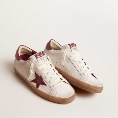 Golden Goose Super-Star Sneakers In White Suede With Burgundy Leather Star And Heel Tab
