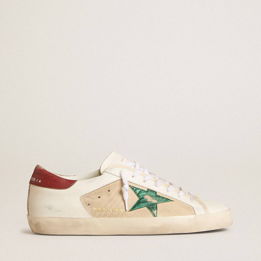 Golden Goose Super-Star LTD Sneakers In Suede With Green Metallic Star And Red Heel Tab