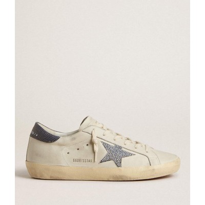 Golden Goose Super-Star LTD Sneakers With Cream-colored Leather Star With Swarovski Crystals And Blue Leather Heel Tab With Lizard Print