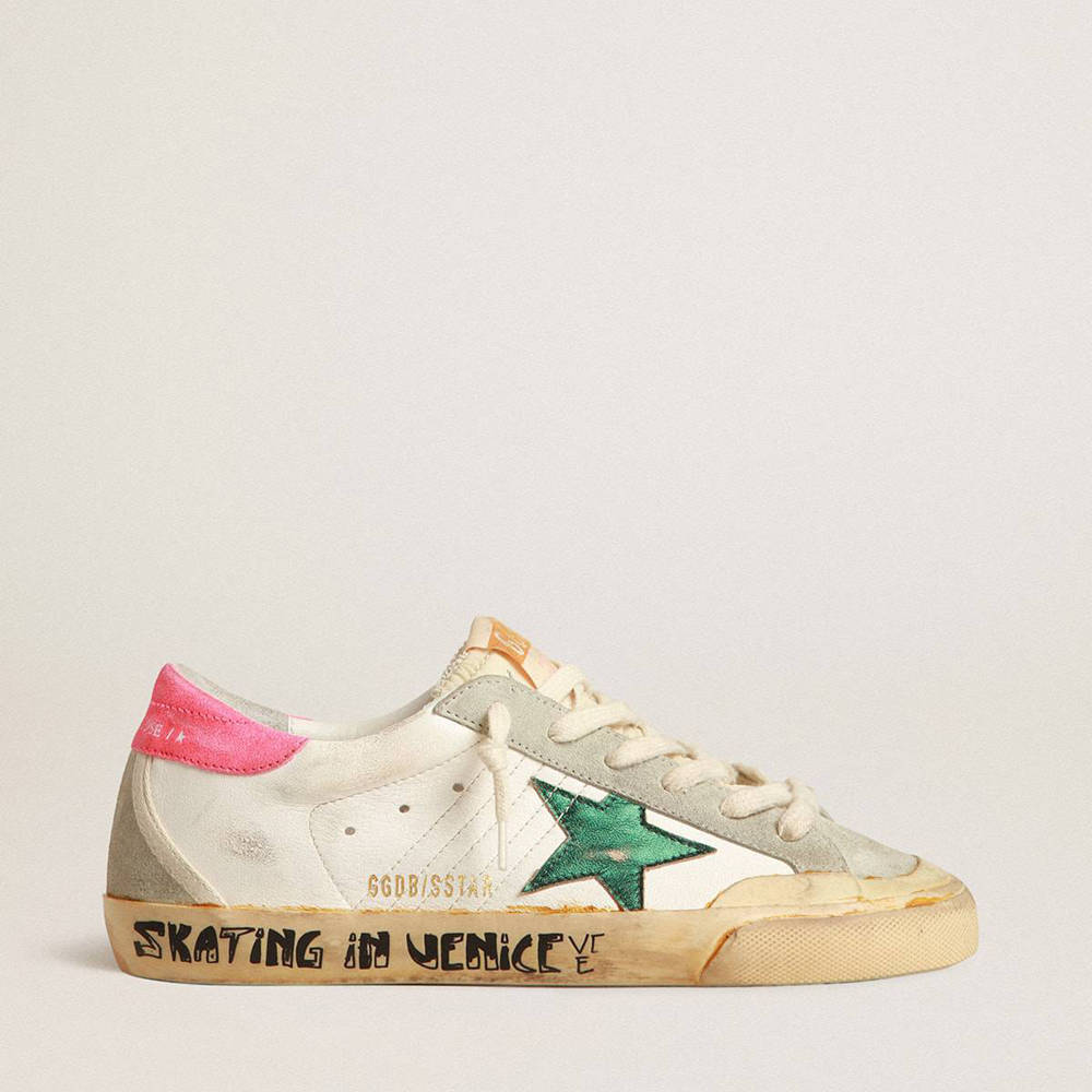 Golden Goose Super-Star Sneakers Penstar Sneakers With Green Star And Fluorescent Lobster Heel Tab