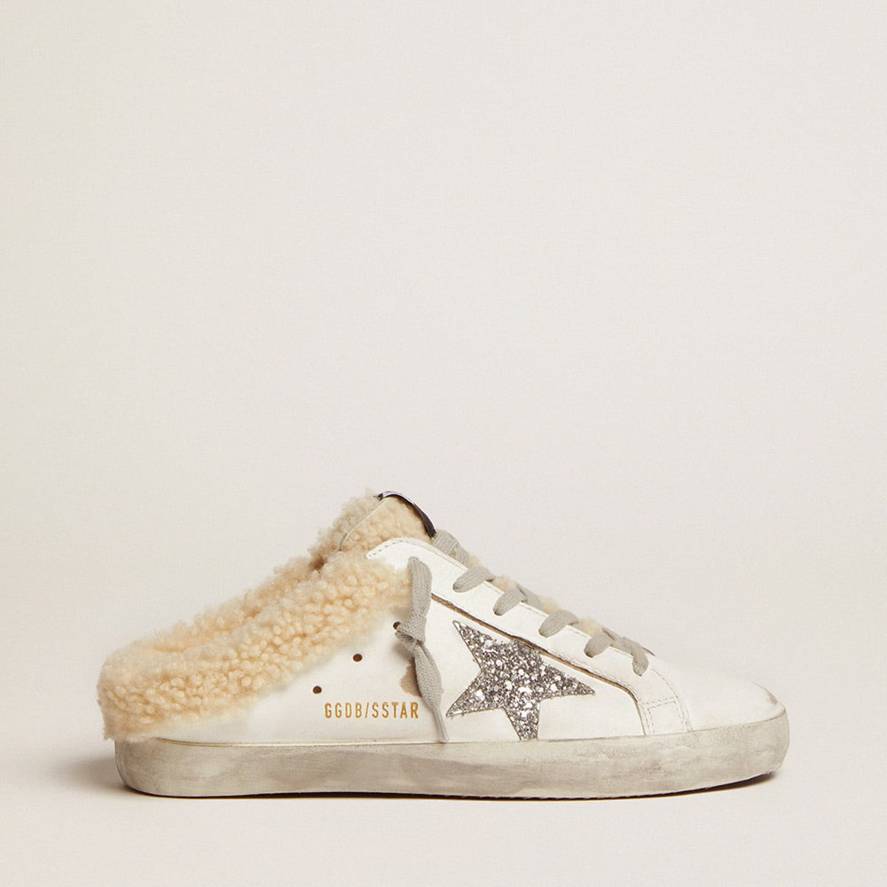 Golden Goose Super-Star Sneakers Sabot In White Leather And Shearling Lining