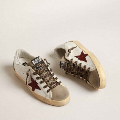 Golden Goose Super-Star Sneakers With Burgundy Glitter Star And Silver Heel Tab