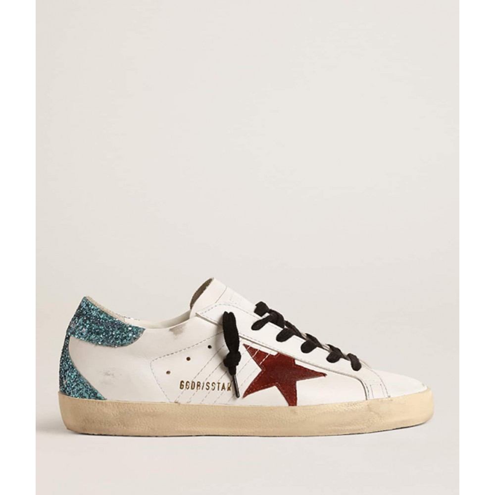 Golden Goose Super-Star Sneakers With Burgundy Suede Star And Light Blue Glitter Heel Tab