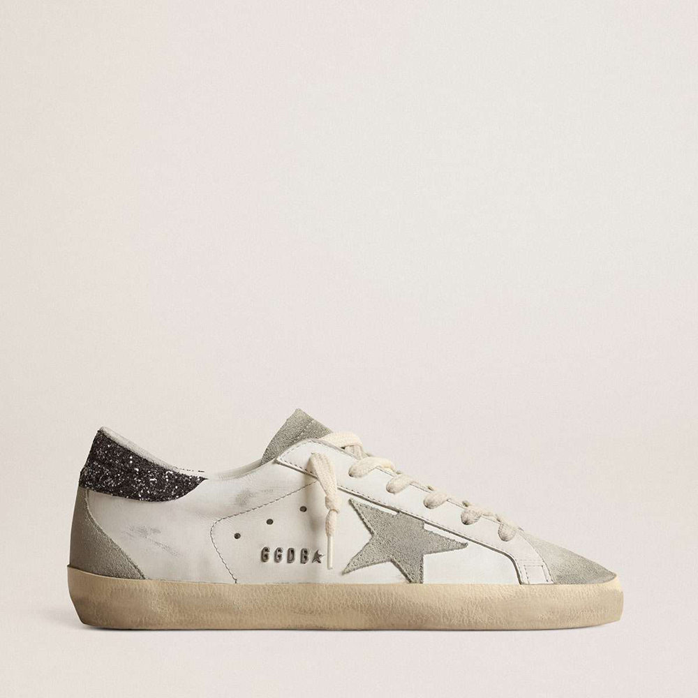 Golden Goose Super-Star Sneakers With Gray Star And Dark Gray Glitter Heel Tab