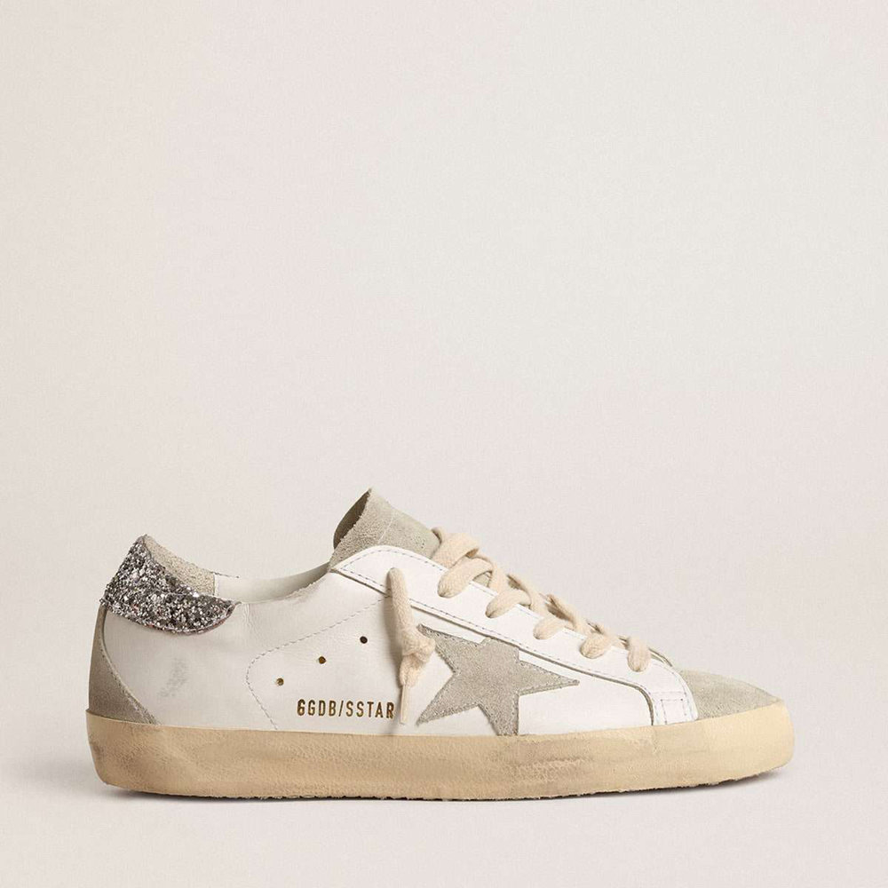 Golden Goose Super-Star Sneakers With Gray Star And Silver Glitter Heel Tab