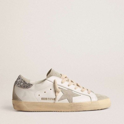 Golden Goose Super-Star Sneakers With Gray Star And Silver Glitter Heel Tab