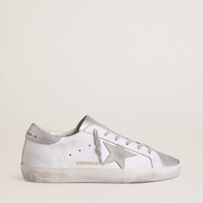 Golden Goose Super-Star Sneakers With Gray Suede Star And Silver Glitter Inserts