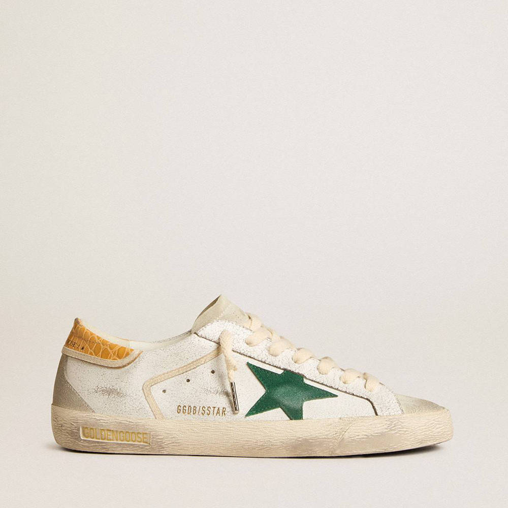 Golden Goose Super-Star Sneakers With Green Suede Star And Yellow Croc-print Leather Heel Tab