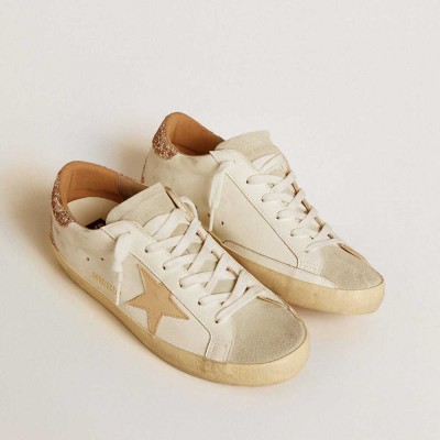 Golden Goose Super-Star Sneakers With Nude Leather Star And Gold Glitter Heel Tab