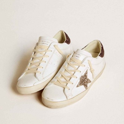Golden Goose Super-Star Sneakers With Silver Glitter Star And Lilac Glitter Heel Tab