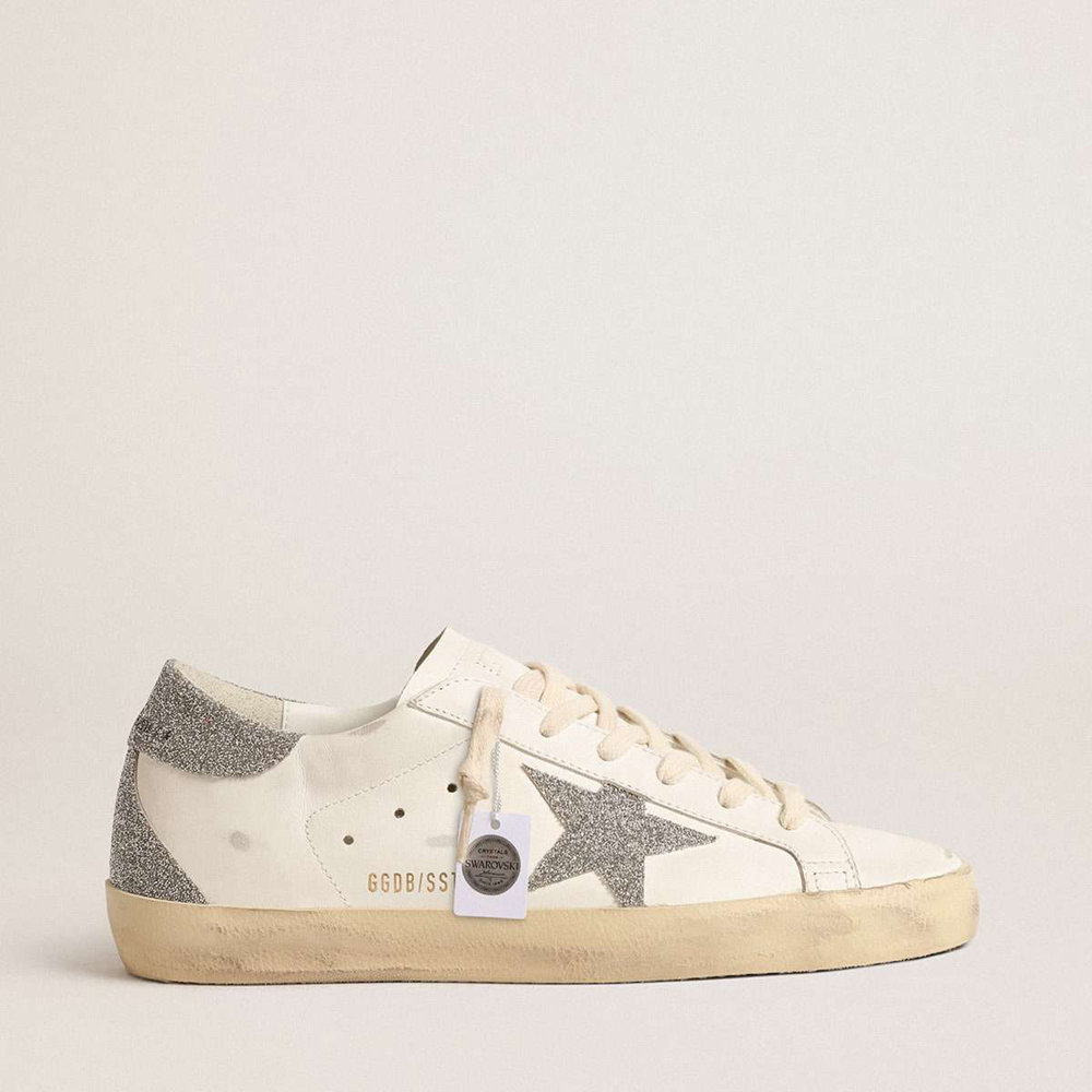 Golden Goose Super-Star Sneakers With Silver Swarovski Crystal Star And Heel Tab