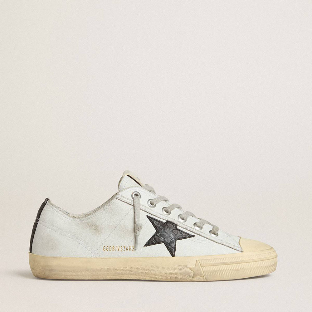 Golden Goose V-Star Sneakers In Leather With Black Crocodile-print Leather Star And Heel Tab