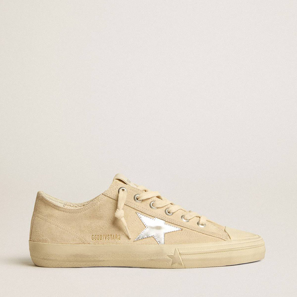 Golden Goose V-Star Sneakers In Pearl Suede With Silver Metallic Leather Star