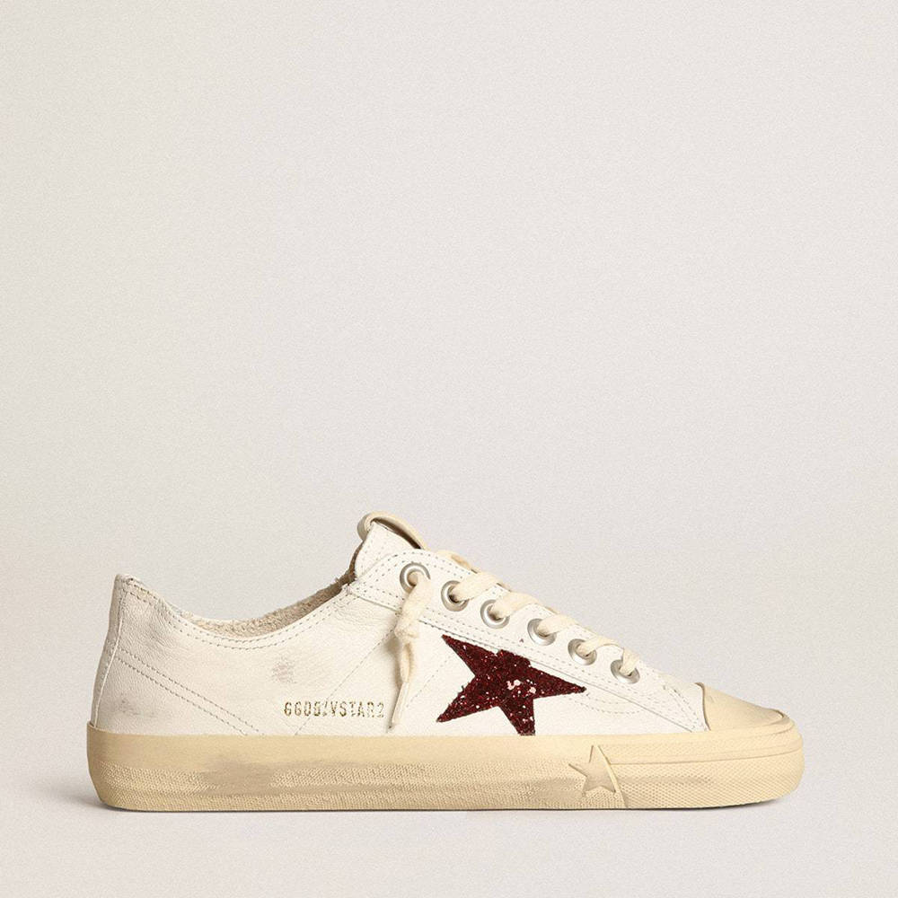 Golden Goose V-Star Sneakers In White Nappa With Red Glitter Star